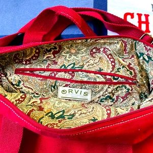 Vintage Orvis Canvas Weekender Bag. Red w/ shoulder strap. Genuine leather trim